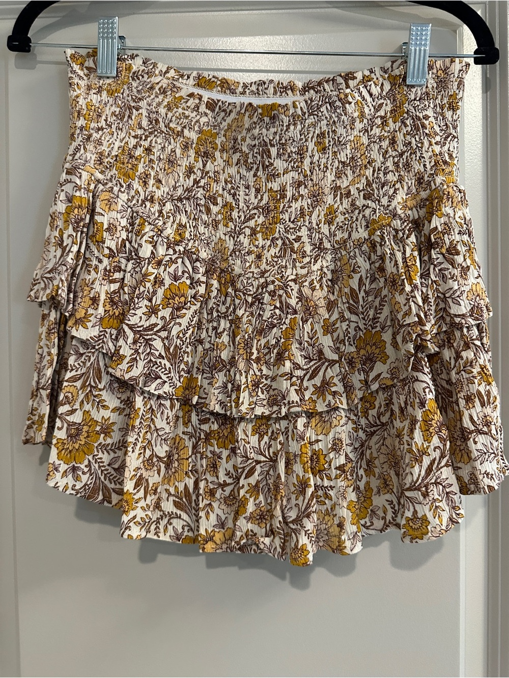 Floral Tiered Ruffle Women's skirt - Yellow Brown on Cream
